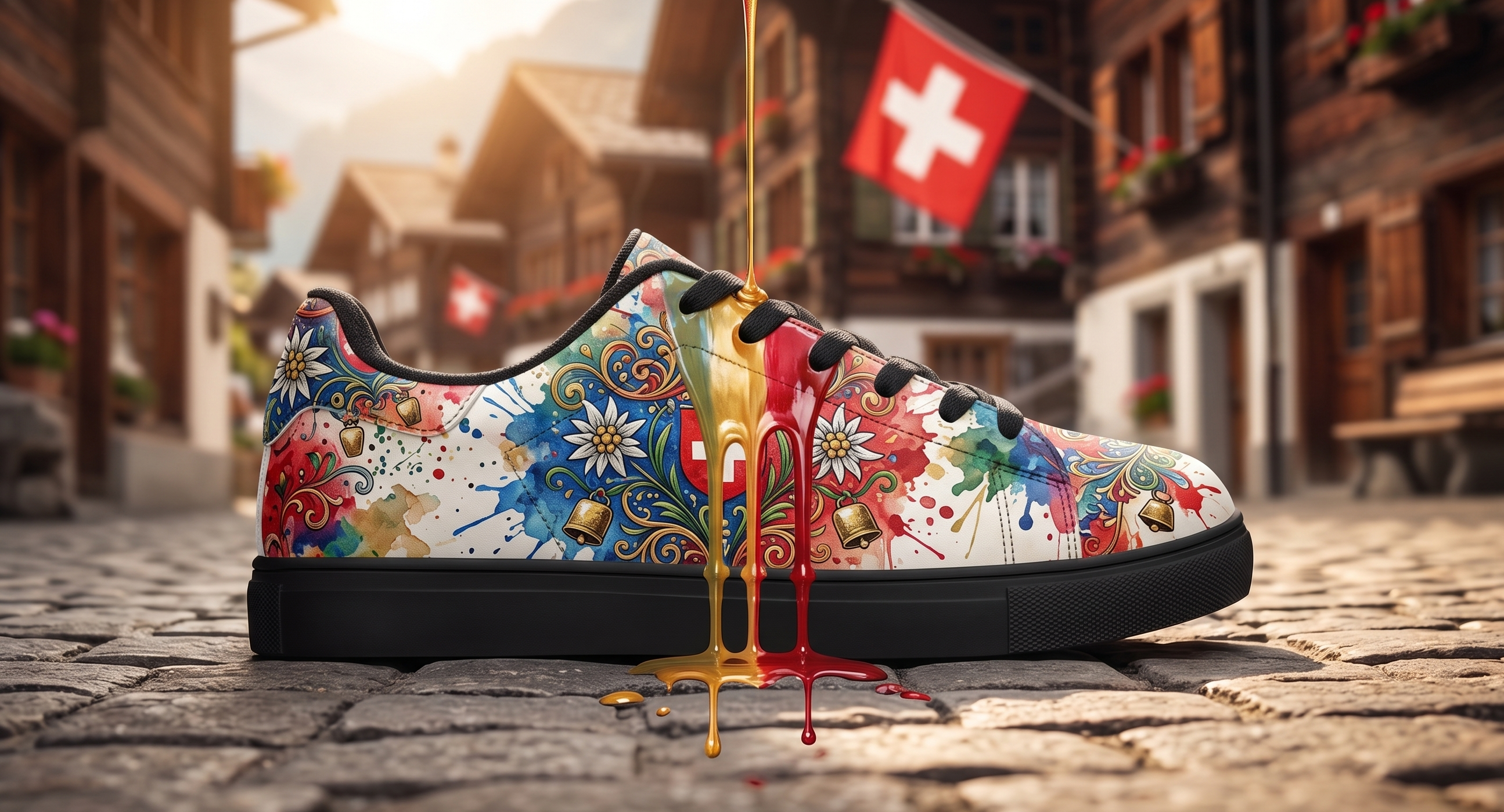 Ein personalisierter Sneaker mit buntem Schweizer Alpendesign, Edelweiss-Motiven und einer flüssigen rot-gelben Textur auf einer gepflasterten Strasse im typischen Schweizer Bergdorf mit Schweizerflagge im Hintergrund.