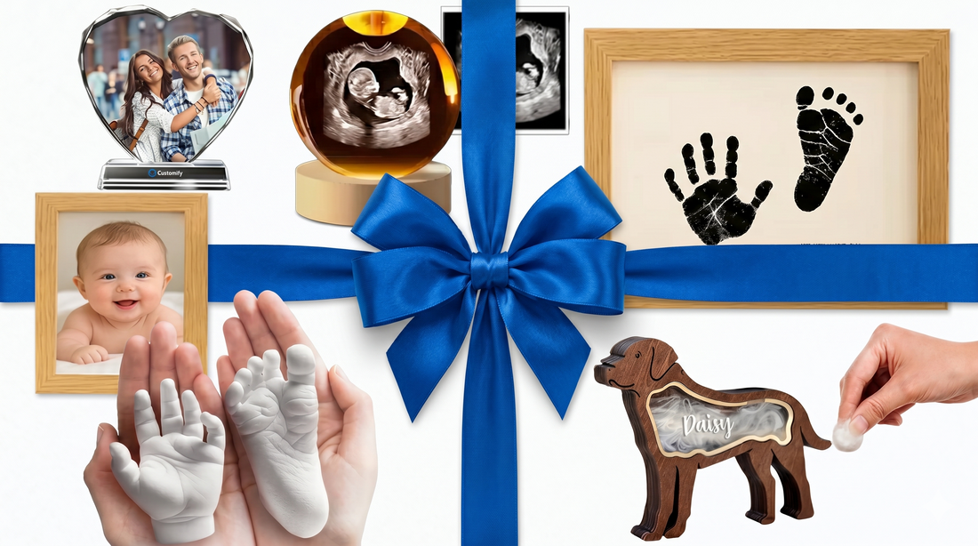 Kollektion für personalisierte Erinnerungsstücke bei Customify: Baby-Handabdruck, Foto im Kristall und Hunde-Andenken.