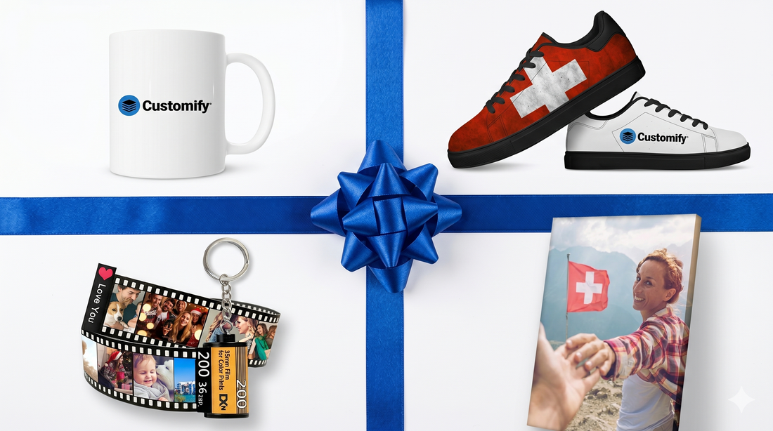 Kollektion für personalisierte Geschenke & Geschenkideen bei Customify: Fototasse, Schweiz-Sneaker und Leinwandbild
