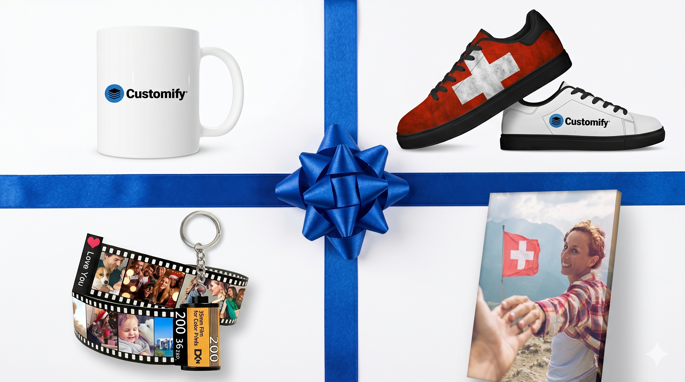 Kollektion für personalisierte Geschenke & Geschenkideen bei Customify: Fototasse, Schweiz-Sneaker und Leinwandbild