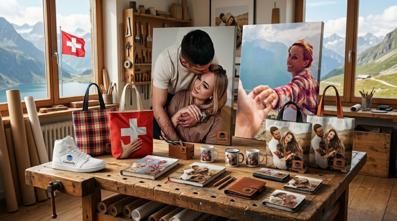 Personalisierte Geschenke Schweiz mit Fototasse, Fotobuch, Handyhülle, Leinwandbild und Geschenkartikeln auf Holztisch vor Alpenpanorama