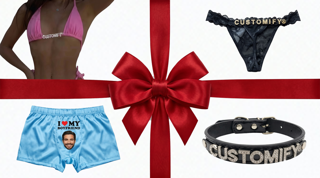 Sexy Geschenke personalisieren in der Schweiz: Boxershorts mit Foto, Tanga mit Namen und Choker mit Gravur.