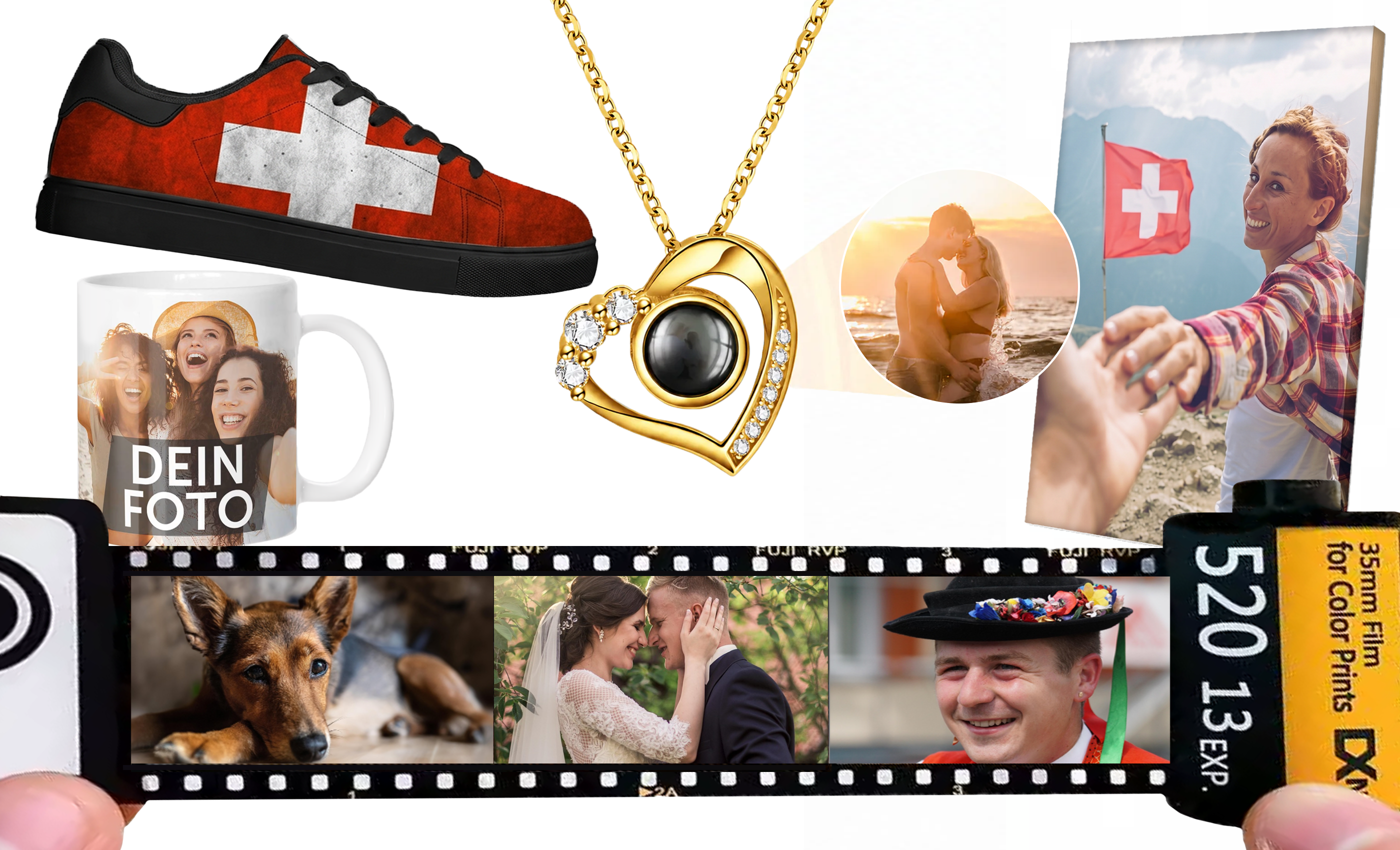 personalisierter Produkte von Customify auf weissem Hintergrund: Ein roter Schweiz-Sneaker, eine goldene Herz-Fotohalskette mit Bildprojektion, eine Fototasse, eine Wandleinwand in den Bergen und eine ausziehbare Foto-Filmrolle mit eigenen Bildern.