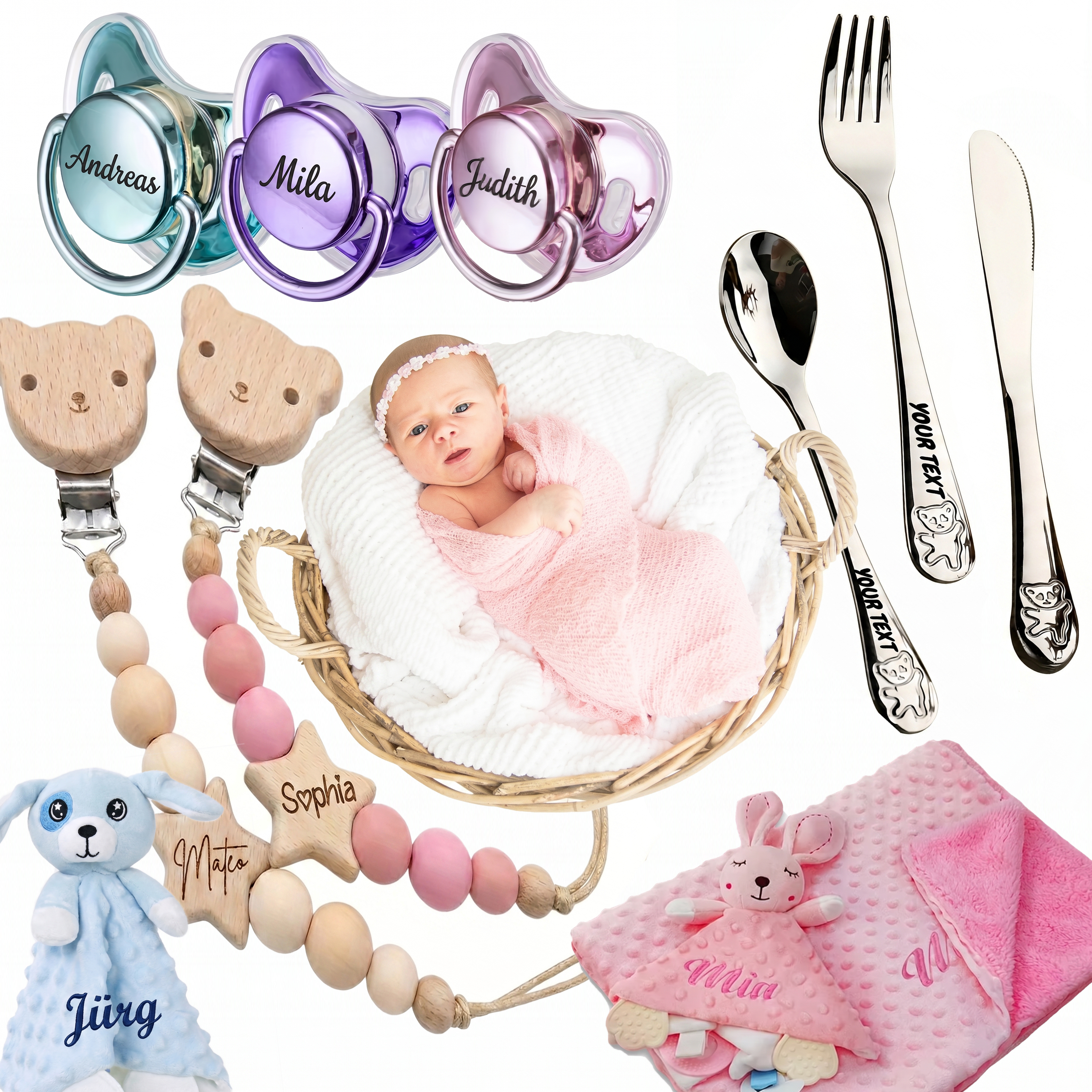 Ein vielseitiges Sortiment an personalisierbaren Babygeschenken wie Nuggis, Kinderbesteck, Schnullerketten und Kuscheldecken auf weissem Hintergrund.