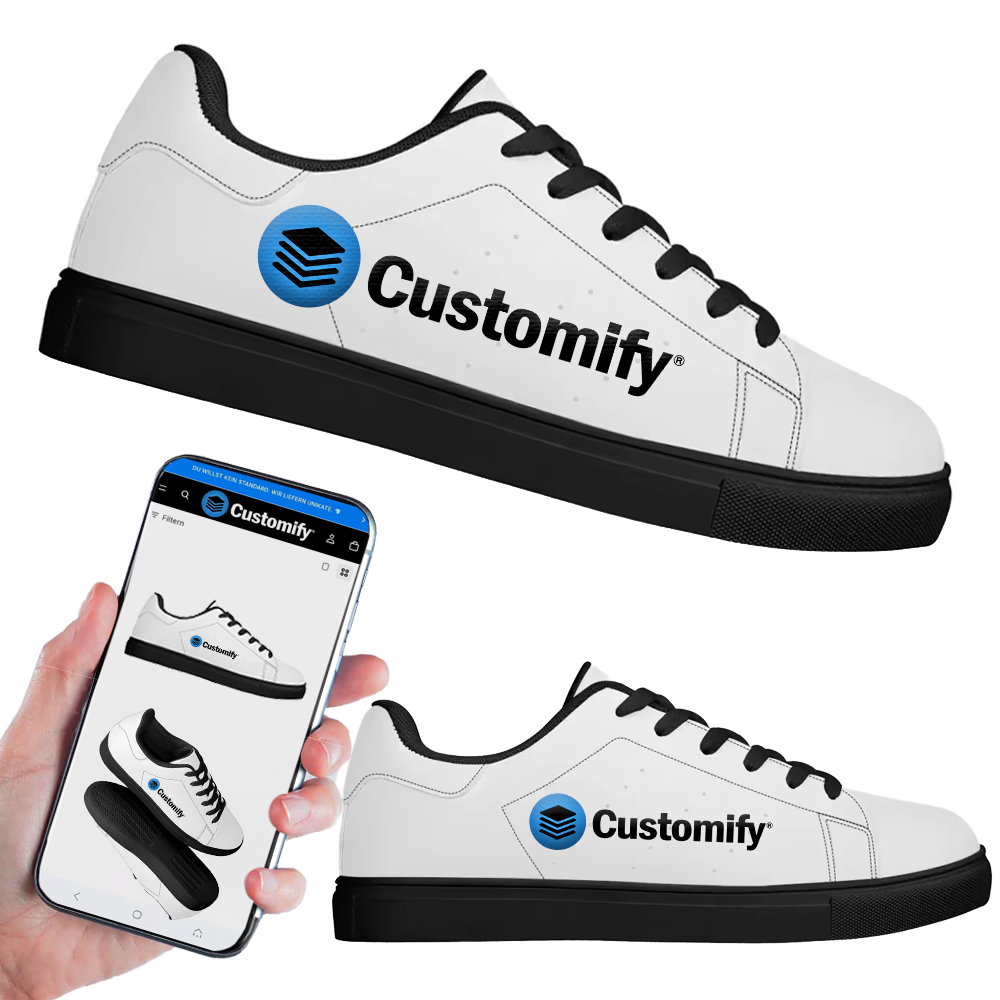 Ein vielseitiges Sortiment an allgemein personalisierbaren Schuhen wie Sneakern, High-Tops, Leinenschuhen und Sportschuhen aus Kunstleder und Textil zum selbst Gestalten mit Logo-Aufdruck auf weissem Hintergrund.