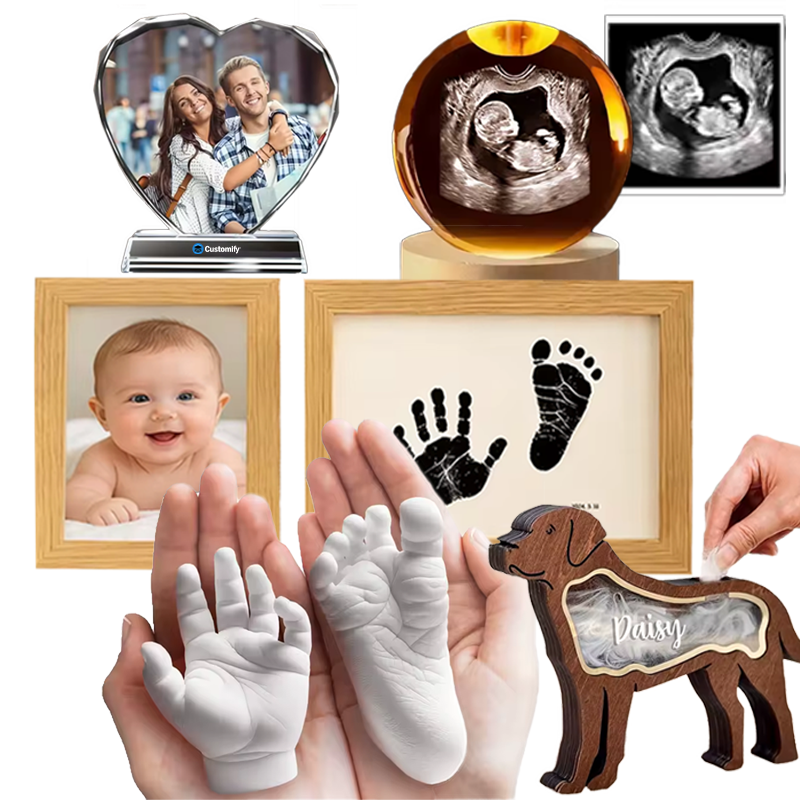 Ein emotionales Sortiment an personalisierten Erinnerungsgeschenken und Andenken zur Geburt und für Haustiere aus Gips, Holz und Kristallglas auf weissem Hintergrund.