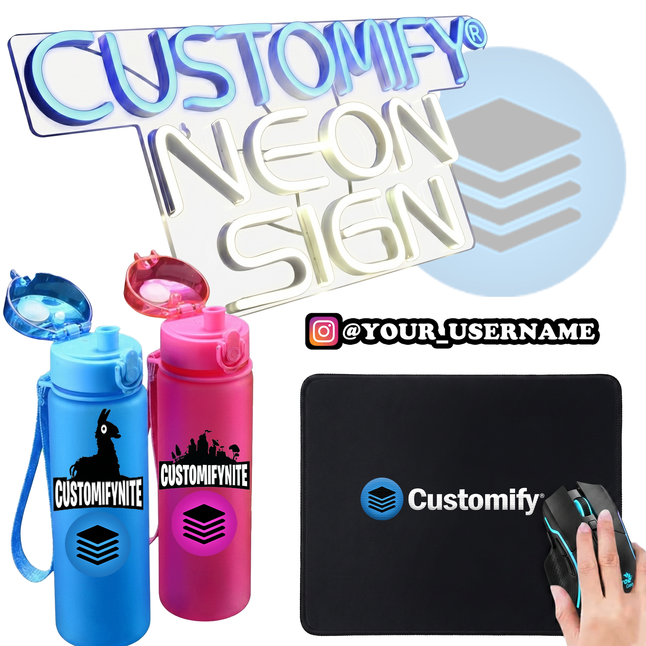 Ein vielseitiges Sortiment an personalisierbarem Gaming-Zubehör bestehend aus einem LED-Neon-Schild, farbigen Kunststoff-Trinkflaschen, einem Textil-Mauspad und einer Gaming-Maus auf weissem Hintergrund.