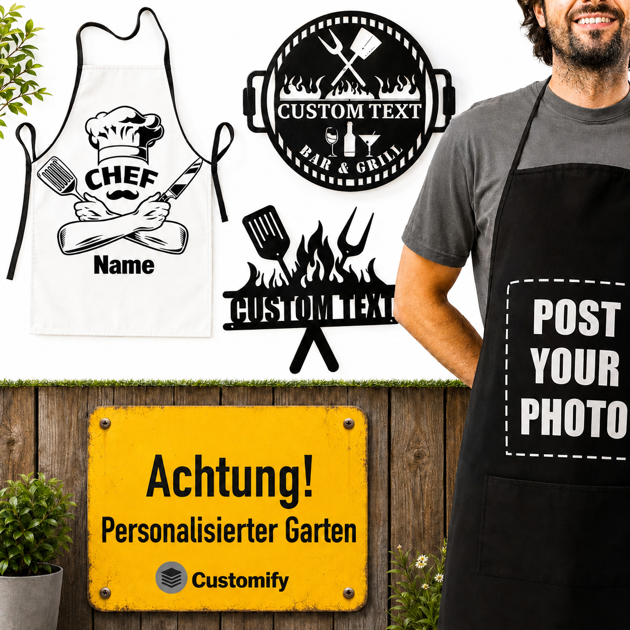 Personalisierbare Haus- und Gartendekoration wie Schilder, Hausnummern, Fussabtretter und Grillschürzen als Kollektionsübersicht.
