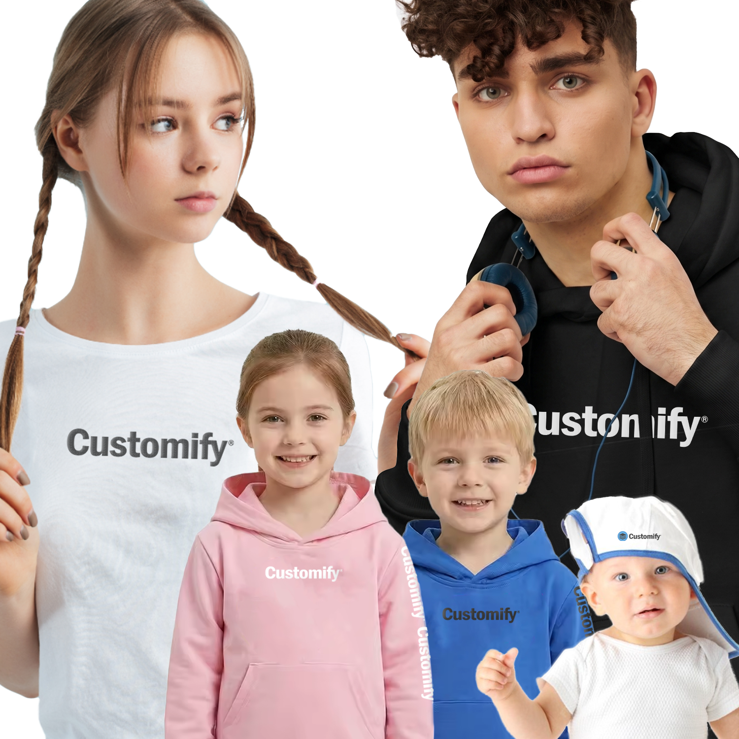 Ein vielseitiges Sortiment an personalisierter Kinderkleidung und Babykleidung bestehend aus Baumwoll-T-Shirts, Hoodies mit Kapuze und einem Babyhut mit Logo-Aufdruck auf weissem Hintergrund.