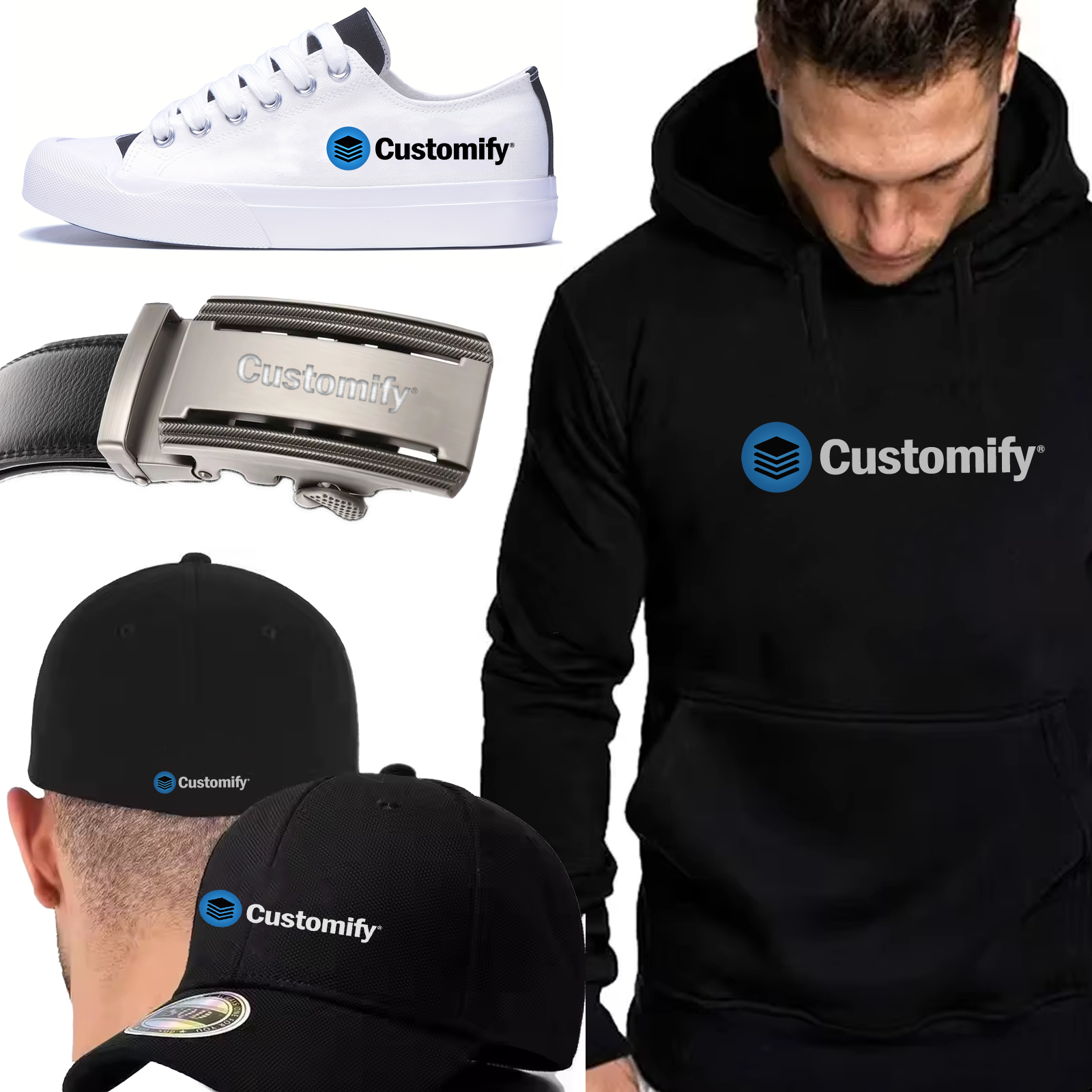 Ein vielseitiges Sortiment an personalisierbarer Kleidung wie Hoodies, T-Shirts, Caps und Flip-Flops auf weissem Hintergrund.