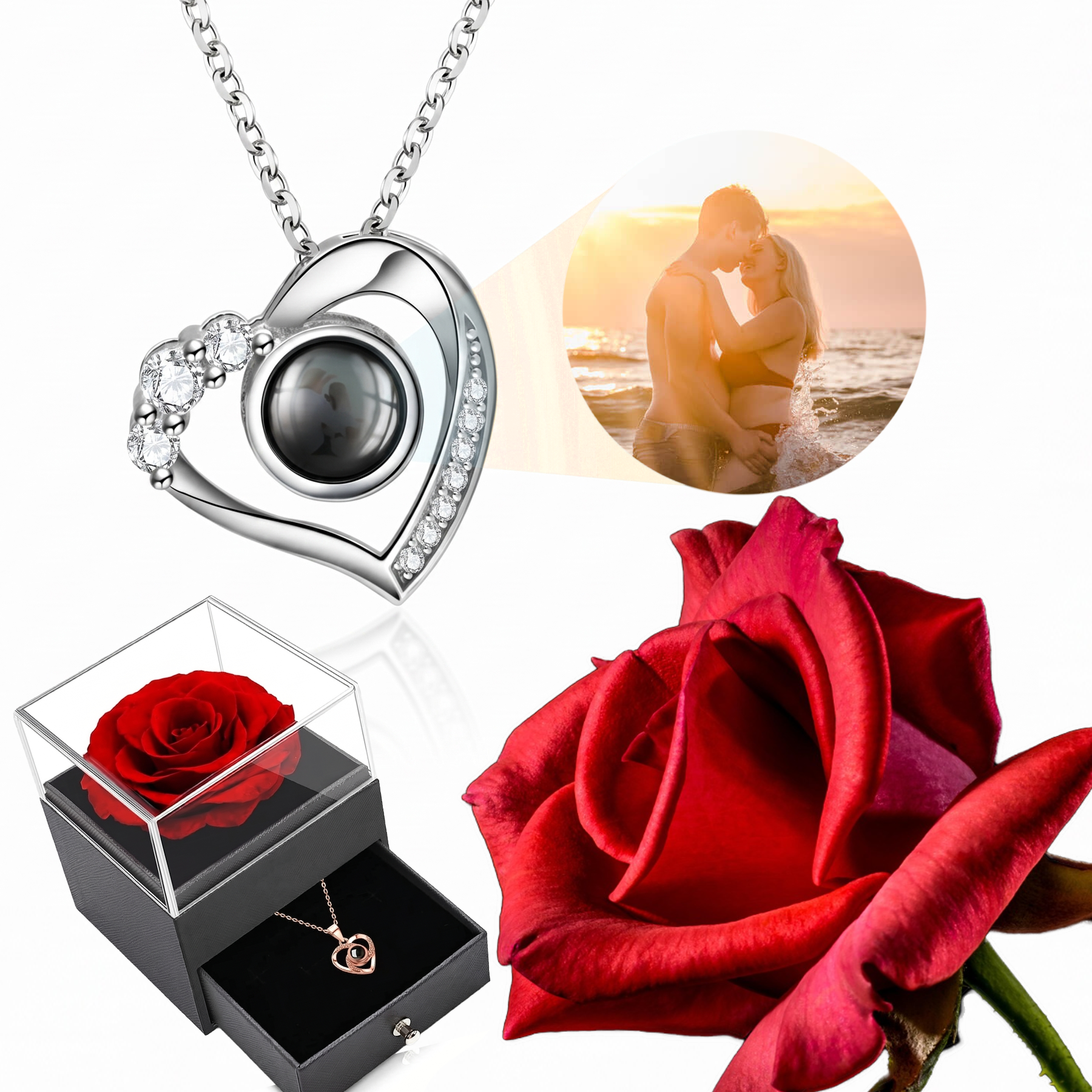 Personalisierte Liebesgeschenke mit Foto bestehend aus einer silbernen Herzkette mit Fotoprojektion eines Paares, einer roten Rose und einer Geschenkbox auf weissem Hintergrund.