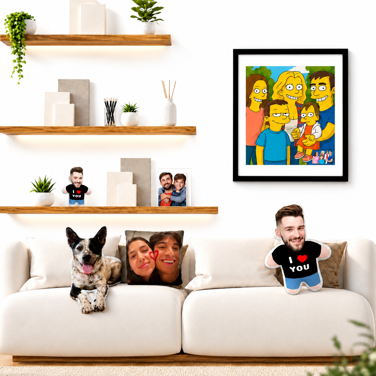 Personalisierte Wohnaccessoires und bedruckte Heimtextilien wie Kissen, Kuscheldecken und Wandbilder als Kollektionsübersicht.