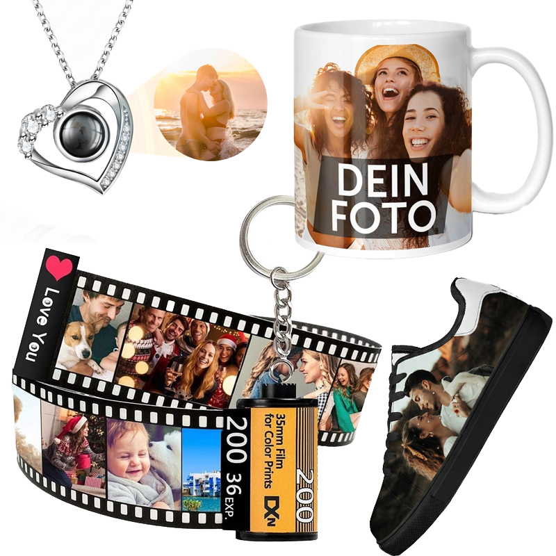 Personalisierte Geschenke Schweiz: Customify Sortiment mit Fotohalskette, bedruckter Tasse, Filmrolle und Sneaker.