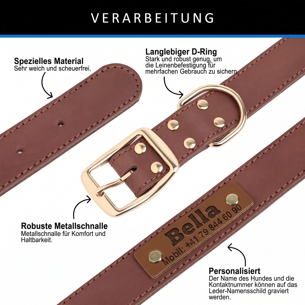 Personalisiertes Leder-Hundehalsband mit D-Ring, Metallschnalle und gravierter Namensplakette