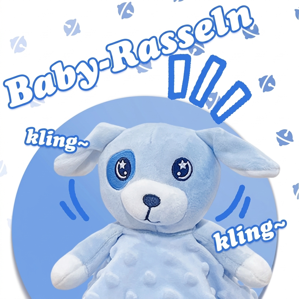 Produktgrafik für Customify mit der Aufschrift Baby-Rasseln und kling: Blaues Hunde-Nuscheli mit integrierter Rassel-Funktion für Babys.