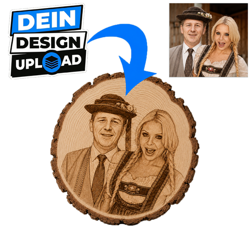 Eigenes Paar-Foto per Upload auf Holzscheibe gravieren lassen, Baumscheibe als Erinnerungsgeschenk