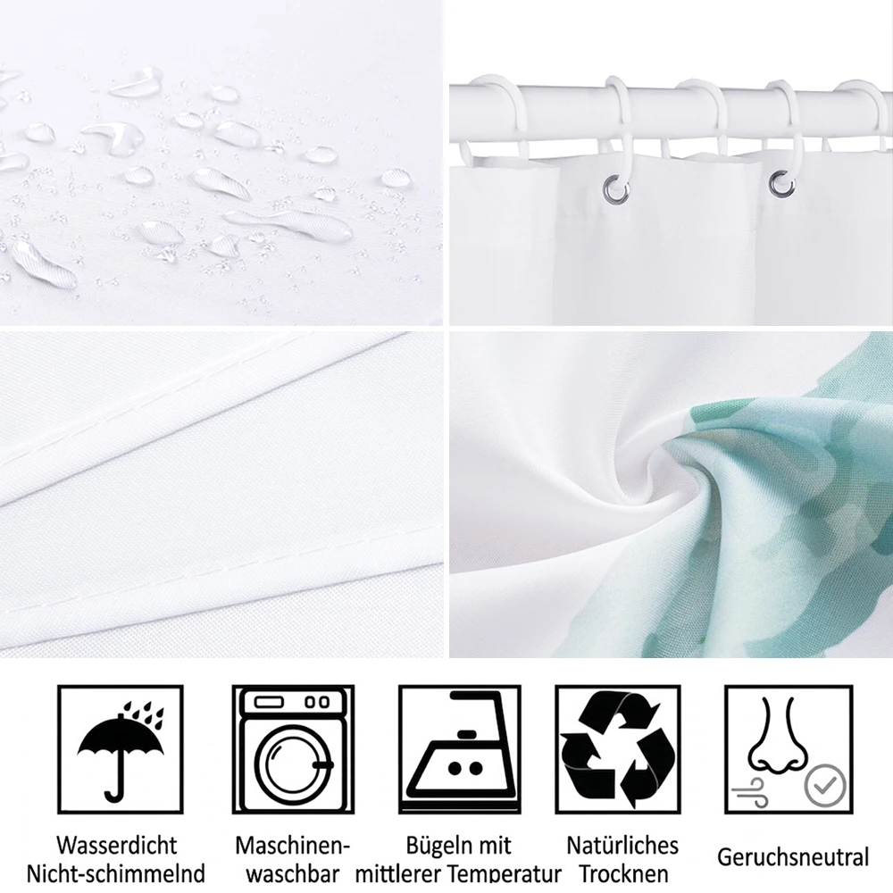 Material- und Pflegeübersicht für einen personalisierten Foto-Duschvorhang mit wasserdichtem, nicht-schimmelndem Stoff, Maschinenwäsche, natürlichem Trocknen und geruchsneutraler Oberfläche.