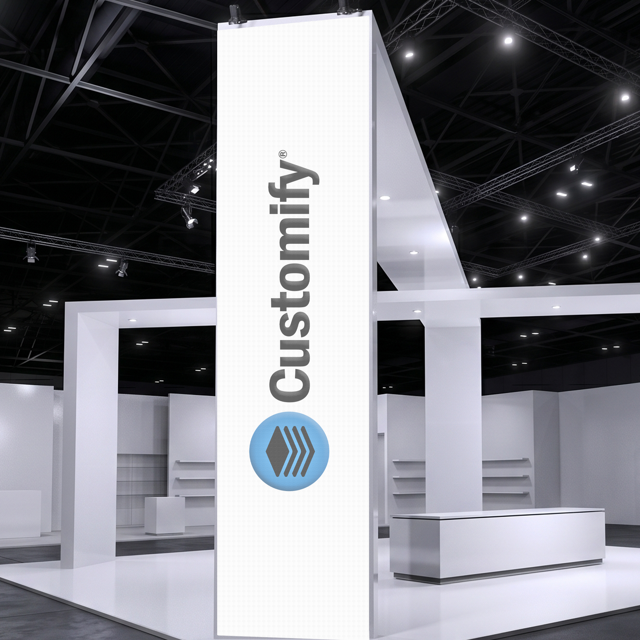 Personalisierte Foto-Flagge im Hochformat als Werbebanner für Messestand, Ausstellung und Firmenauftritt mit Customify Logo