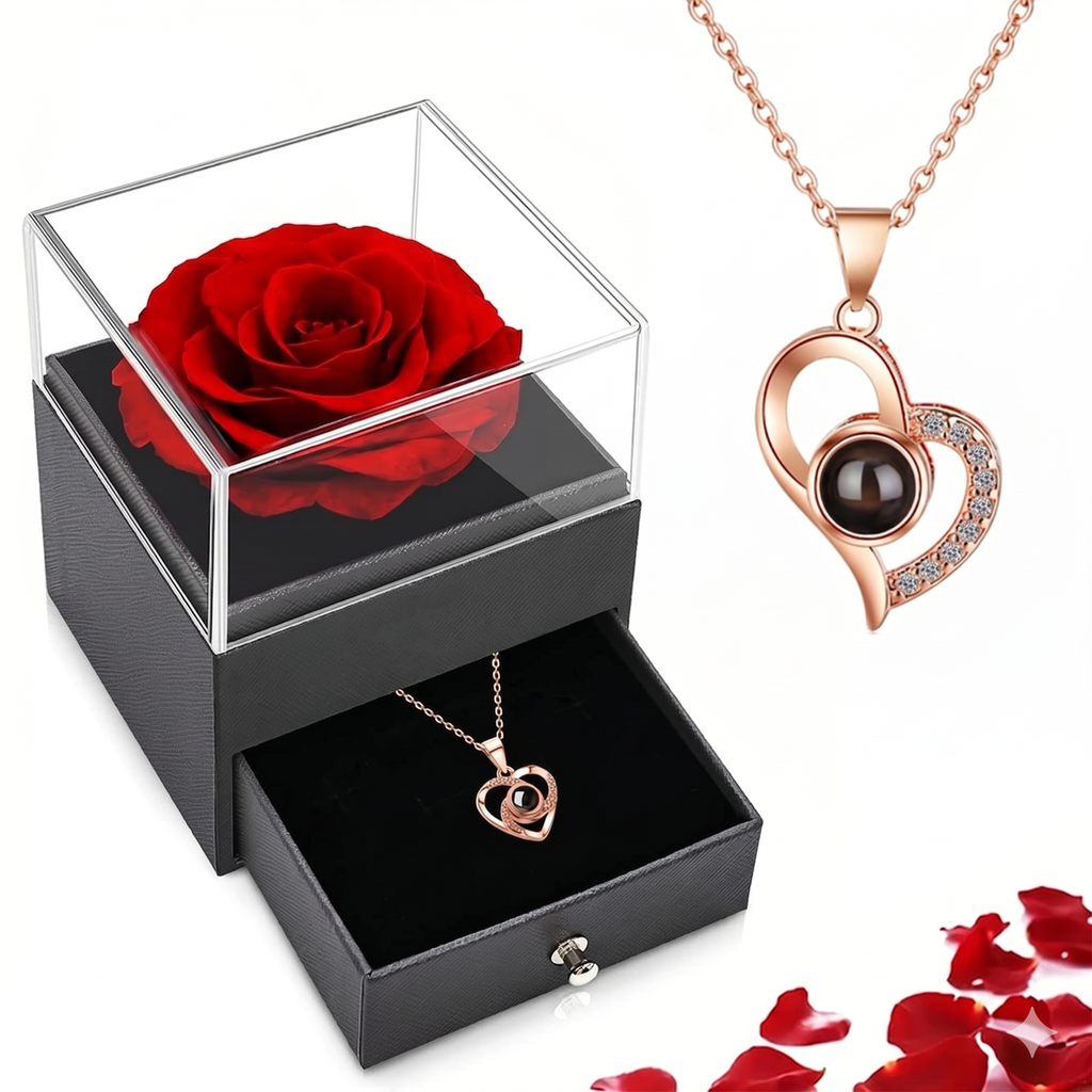 Personalisierte Foto-Halskette mit Bild-Projektion und roter Rosen in geschenkbox als Geschenkverpackung