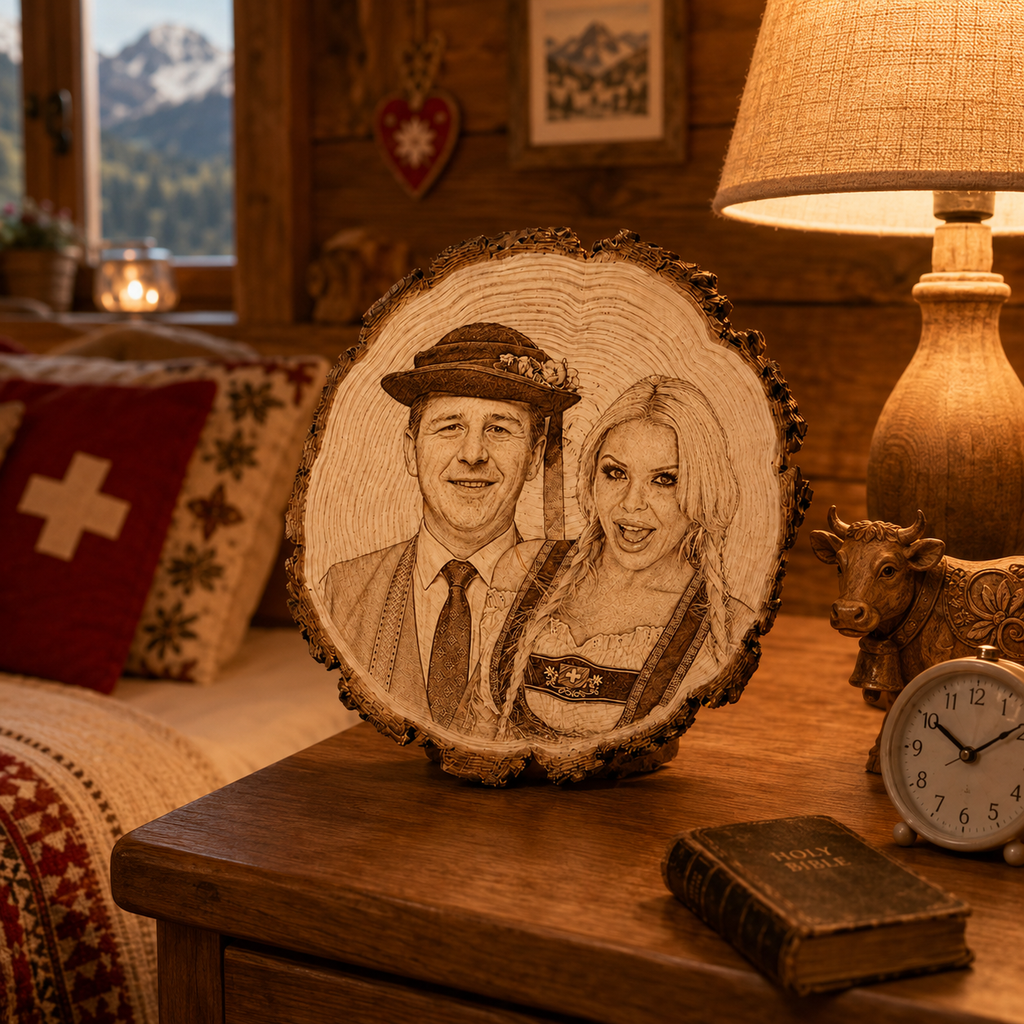 Gravierte Foto-Holzscheibe als Andenken auf Holztisch in einer gemütlichen Schweizer Schlafzimmer Alphütte