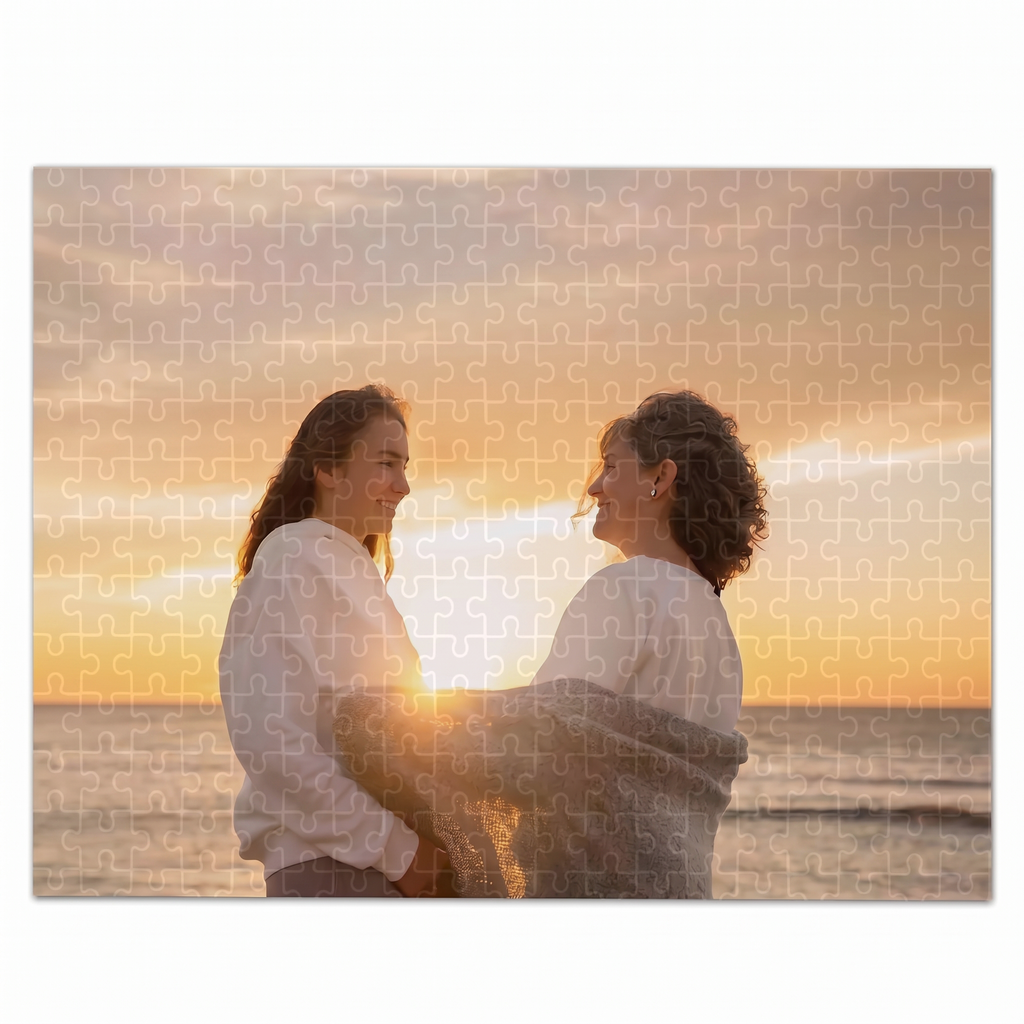 Personalisiertes Foto-Puzzle mit 300 Teilen, eigenes Bild von Mutter und Tochter am Strand im Sonnenuntergang
