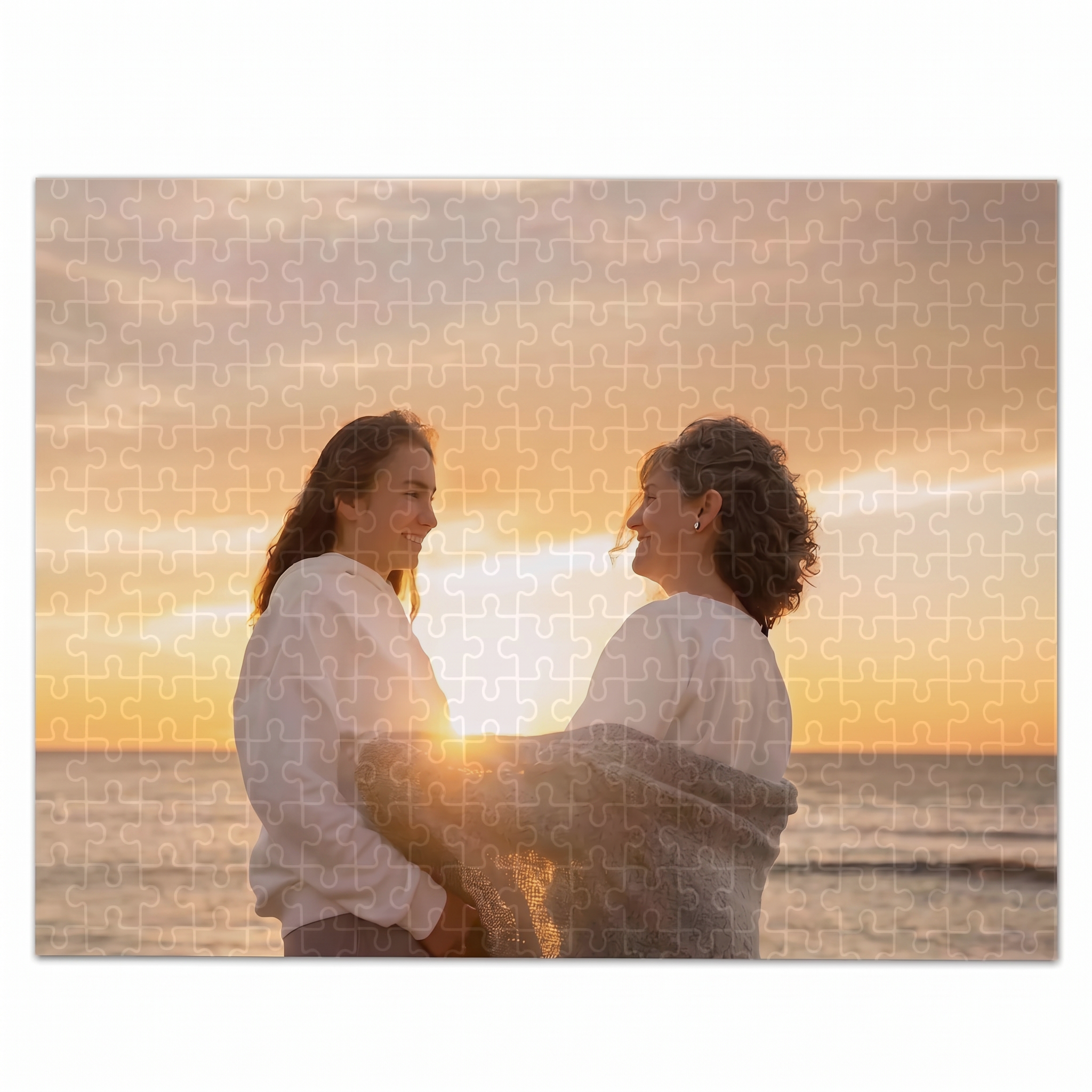 Personalisiertes Foto-Puzzle mit 300 Teilen, eigenes Bild von Mutter und Tochter am Strand im Sonnenuntergang