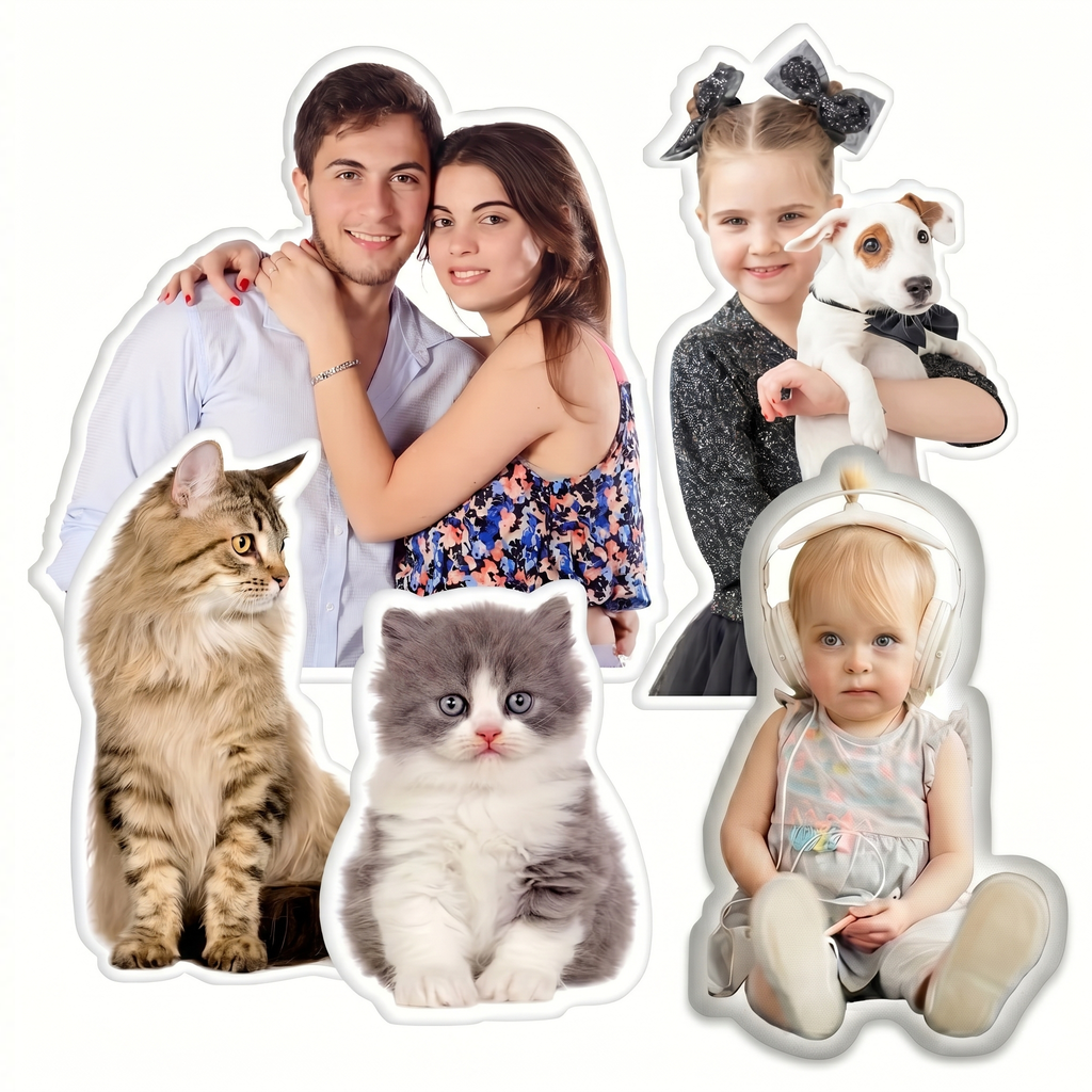 Fotokissen mit eigenem Foto bedrucken: Fünf personalisierte 3D-Plüschkissen im Konturschnitt mit Motiven von Hunden, Katzen und Menschen auf weissem Hintergrund.