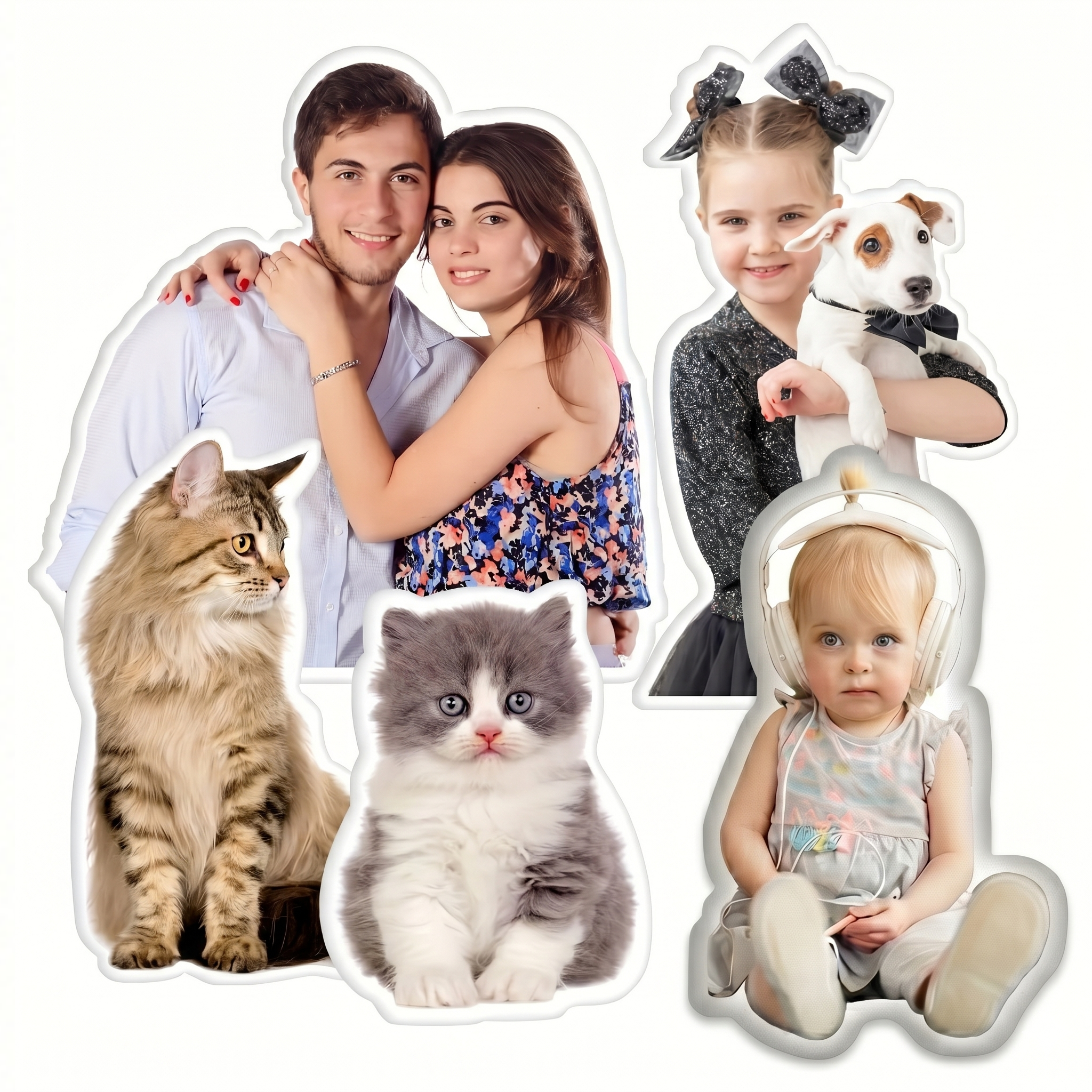 Fotokissen mit eigenem Foto bedrucken: Fünf personalisierte 3D-Plüschkissen im Konturschnitt mit Motiven von Hunden, Katzen und Menschen auf weissem Hintergrund.