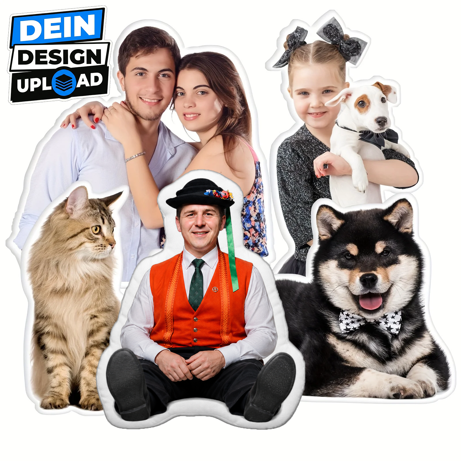 Fotokissen mit eigenem Foto bedrucken: Fünf personalisierte 3D-Plüschkissen im Konturschnitt mit Motiven von Hunden, Katzen und Menschen auf weissem Hintergrund.