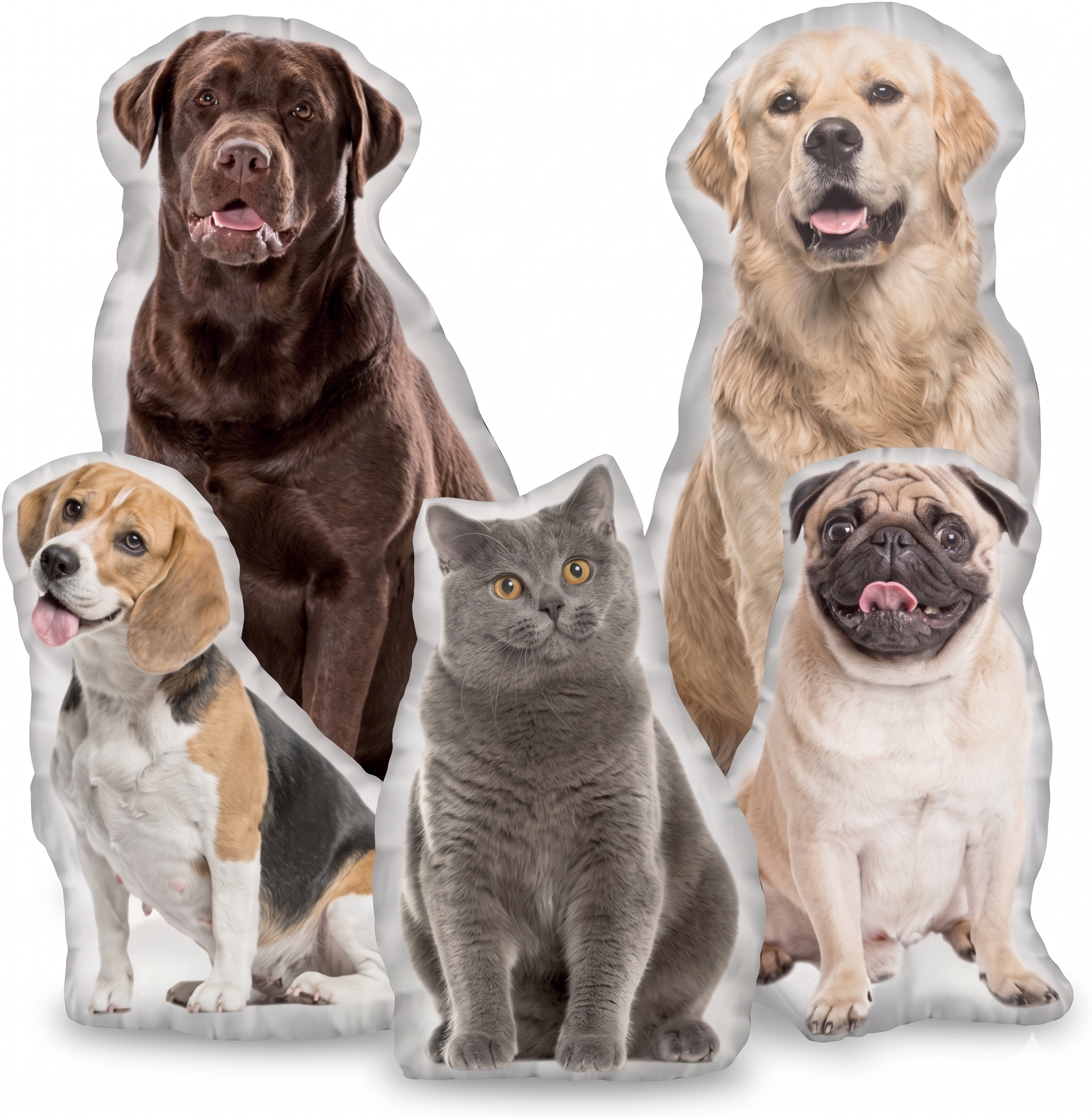 Fotokissen mit eigenem Foto bedrucken: Fünf personalisierte 3D-Plüschkissen im Konturschnitt mit Motiven von verschiedenen Haustieren, darunter vier Hunde und eine graue Katze auf weissem Hintergrund.