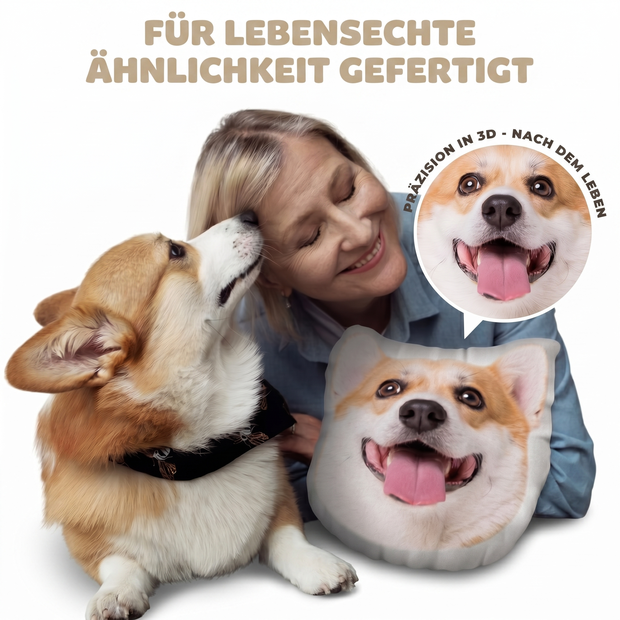 Fotokissen mit eigenem Foto bedrucken: Eine lächelnde Frau mit ihrem Corgi-Hund neben dem passenden, personalisierten 3D-Plüschkissen. Mit dem Text: Für lebensechte Ähnlichkeit gefertigt.