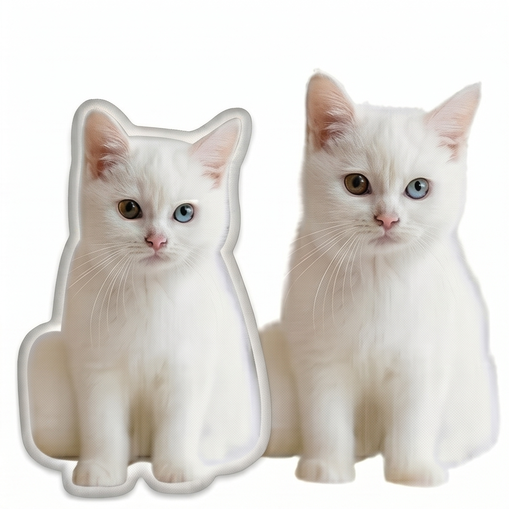 Fotokissen mit eigenem Foto bedrucken: Ein personalisiertes 3D-Plüschkissen in Form einer weissen Katze im direkten Vergleich neben dem echten Haustier auf weissem Hintergrund.