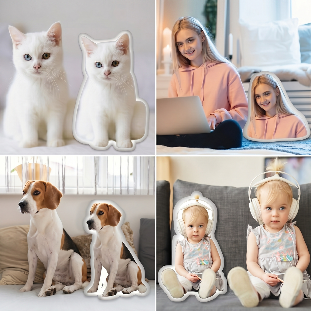 Fotokissen mit eigenem Foto bedrucken: Collage mit vier Beispielen von personalisierten 3D-Plüschkissen im direkten Vergleich neben den echten Motiven – weisse Katze, Frau, Hund und Kind.