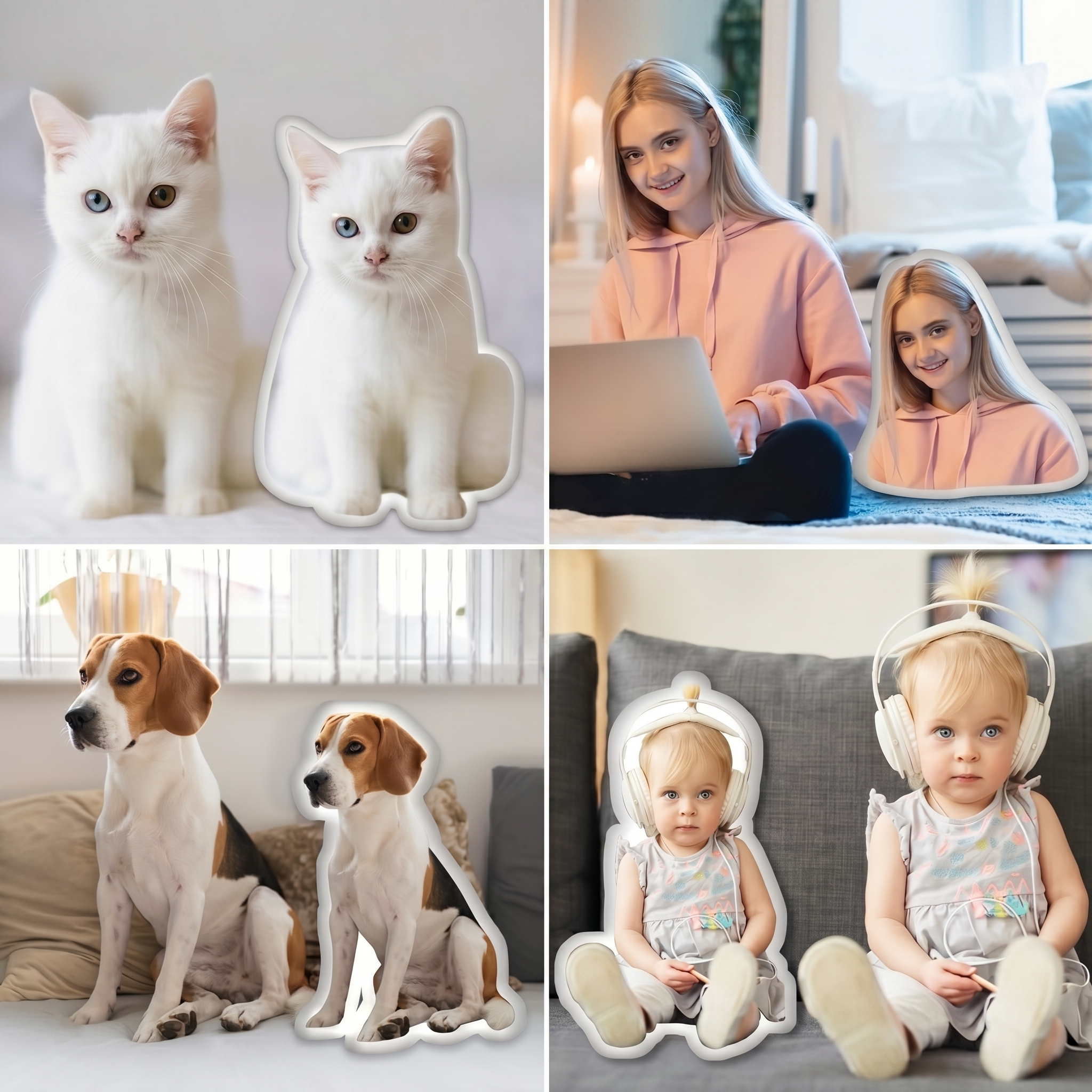 Fotokissen mit eigenem Foto bedrucken: Collage mit vier Beispielen von personalisierten 3D-Plüschkissen im direkten Vergleich neben den echten Motiven – weisse Katze, Frau, Hund und Kind.