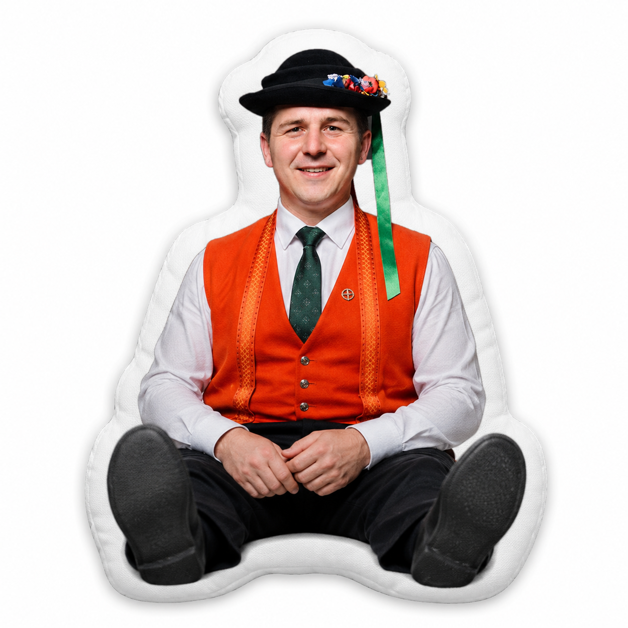 Personalisiertes Fotokissen mit Ruedi als lustigem Schweizer Bauern, individuell bedrucktes Kissen mit weissem Rand von Customify.