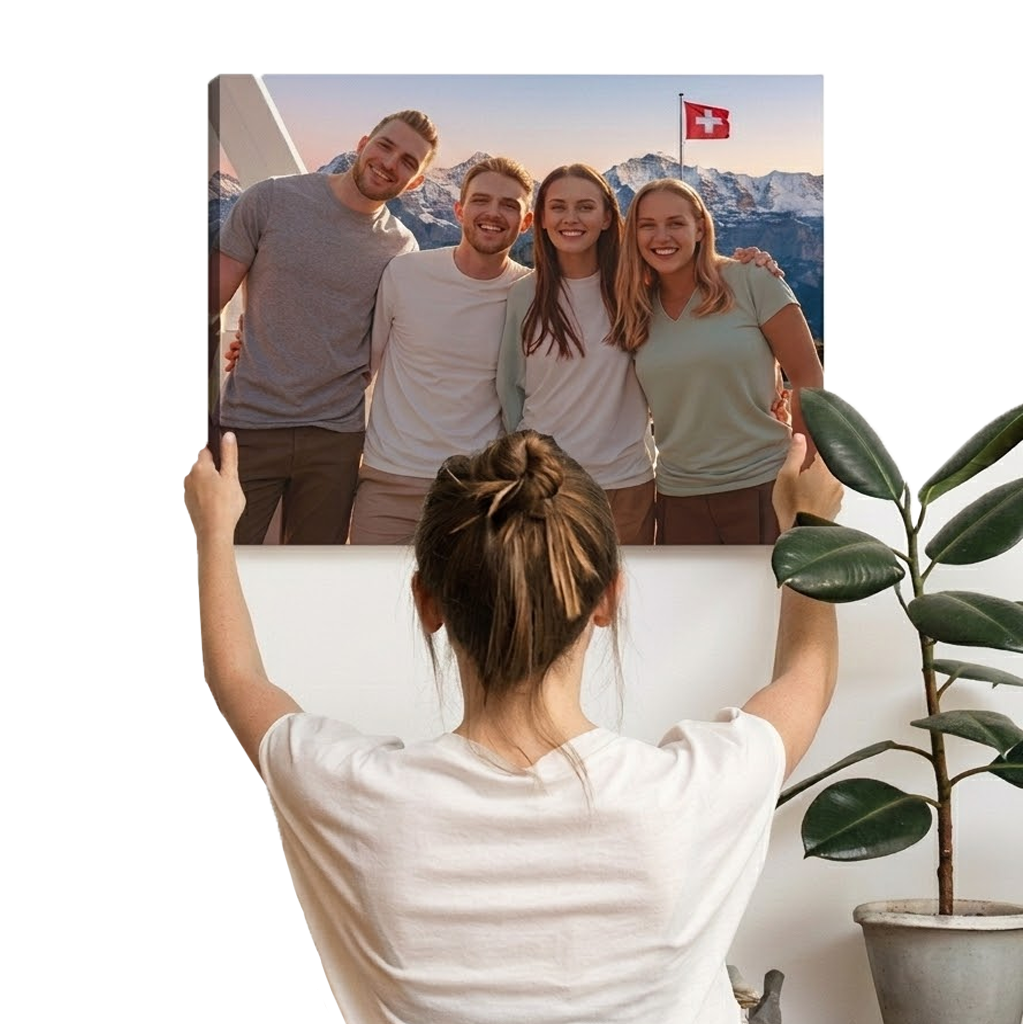 Personalisierte Leinwand mit eigenem Foto im Quadratformat zeigt Gruppe vor Bergpanorama als Wanddeko fuer Wohnzimmer