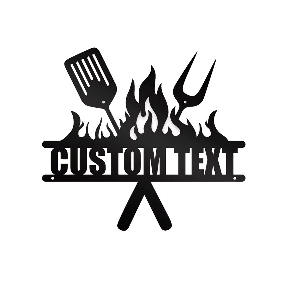Kleines personalisierbares Grillschild mit BBQ Motiv und individuellem Wunschtext