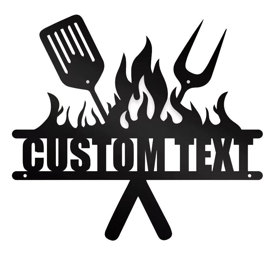 Grosses personalisiertes Grillschild mit Grillbesteck und individuellem Namen für Grillplatz oder Gartenküche