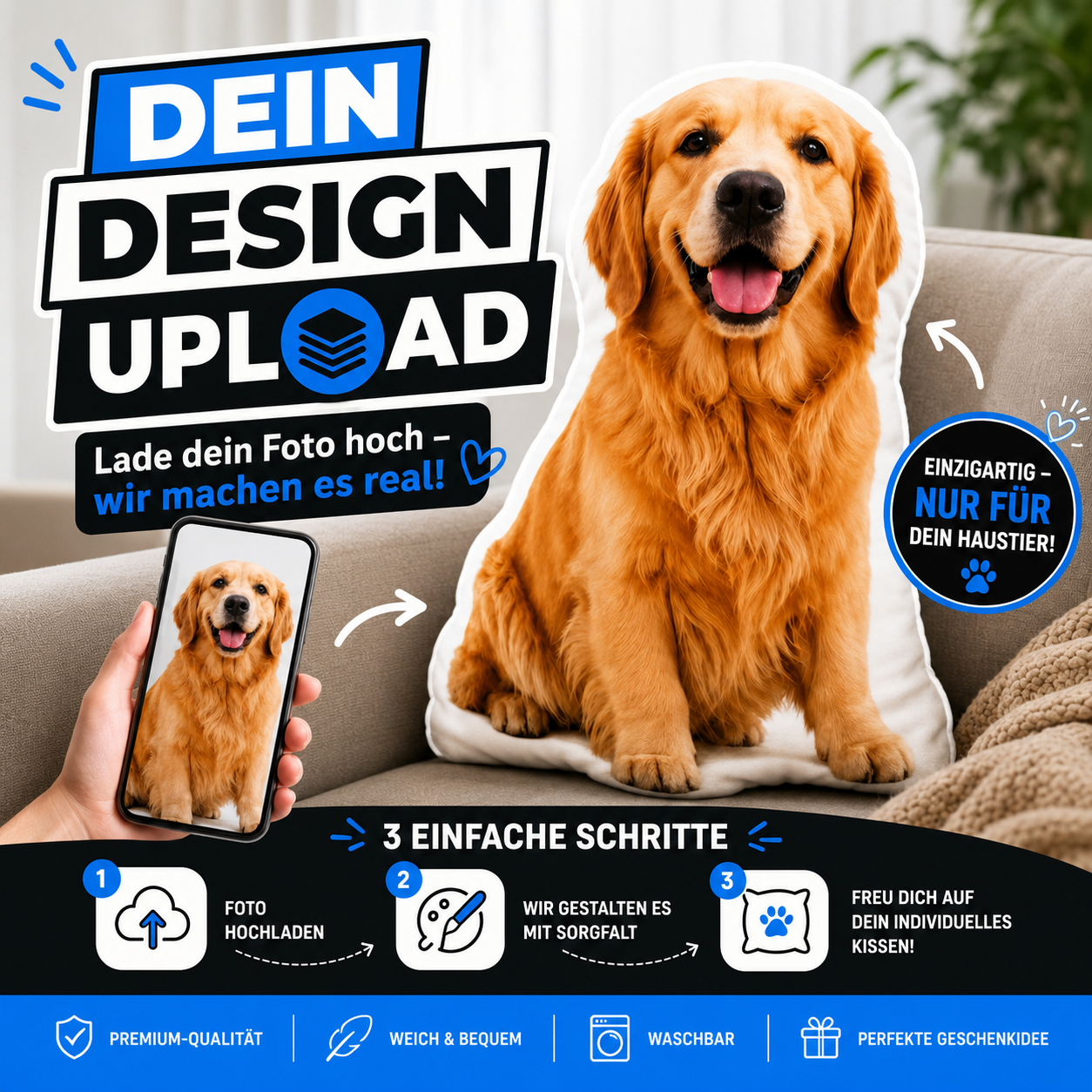 Haustier-Fotokissen mit eigenem Foto gestalten, Golden Retriever als 3D-Plüschkissen, Foto-Upload in 3 Schritten