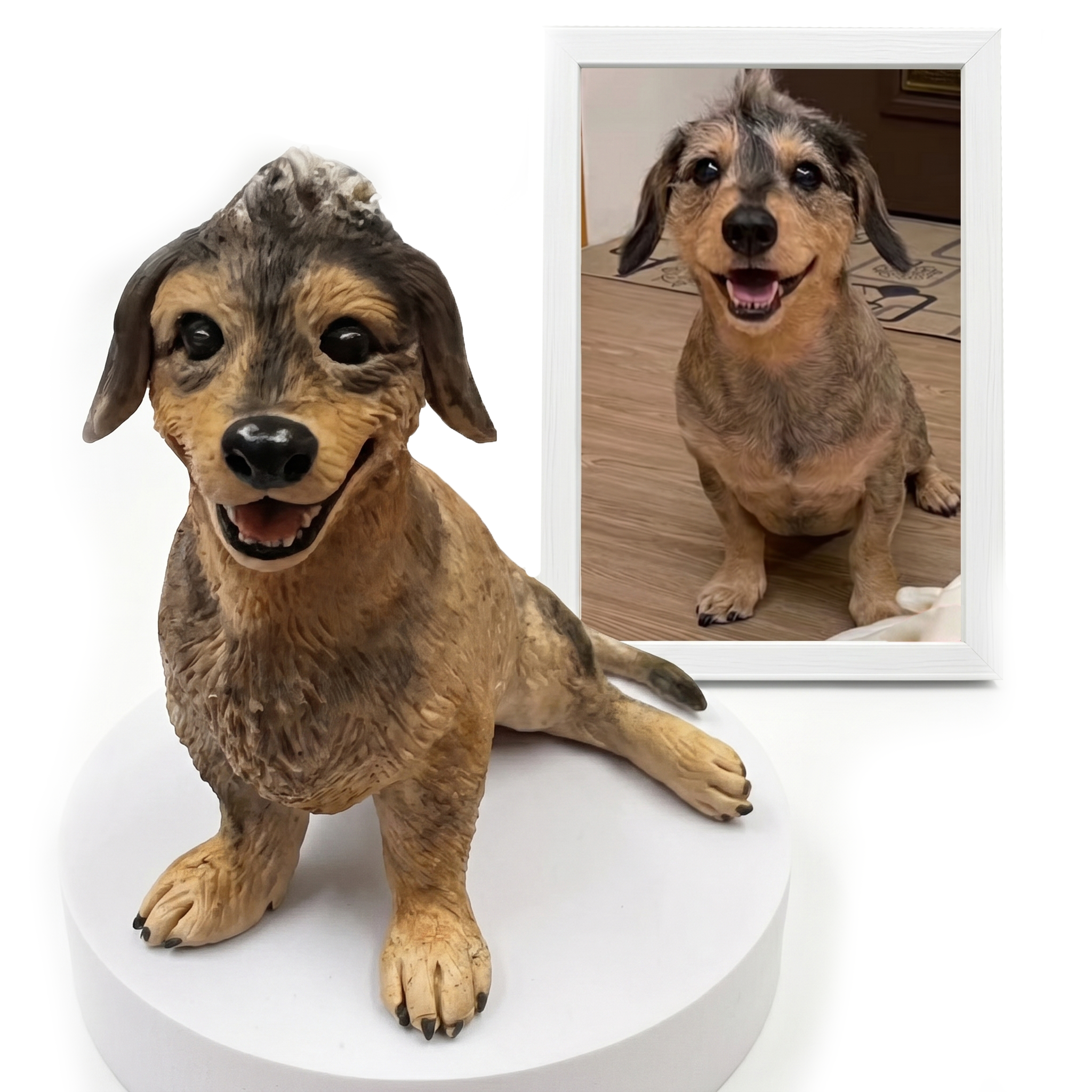 Personalisierte Dackel-Figur handmodelliert nach Foto, Hundefigur als Unikat und Andenken neben Foto