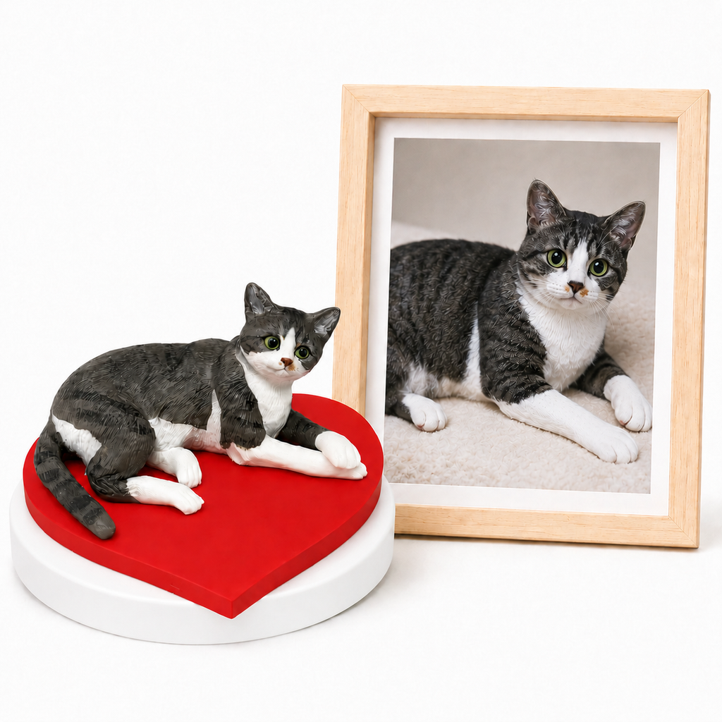 Handmodellierte Katzenfigur personalisiert nach Foto auf rotem Herz-Sockel, Haustier-Andenken neben gerahmtem Katzenfoto