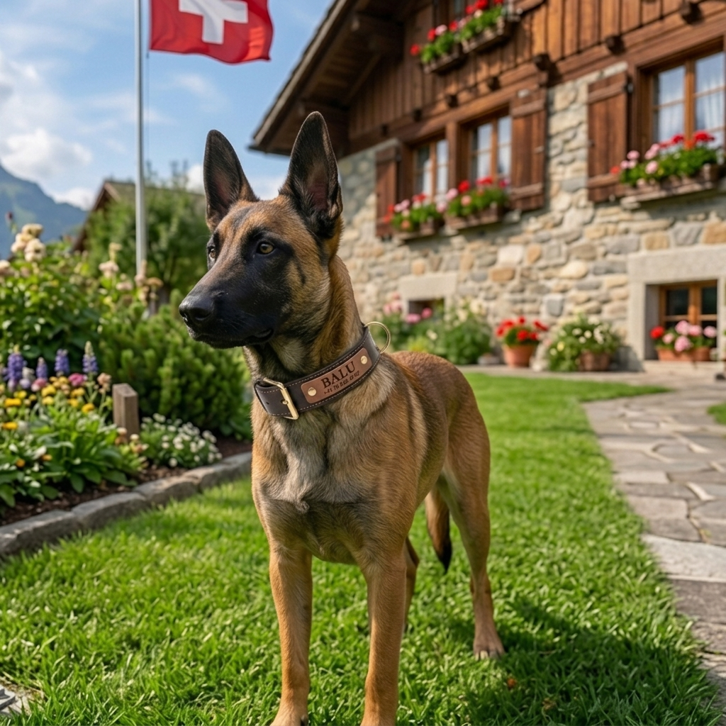 Malinois mit personalisiertem Leder-Hundehalsband und Namens-Gravur von Customify vor Schweizer Chalet