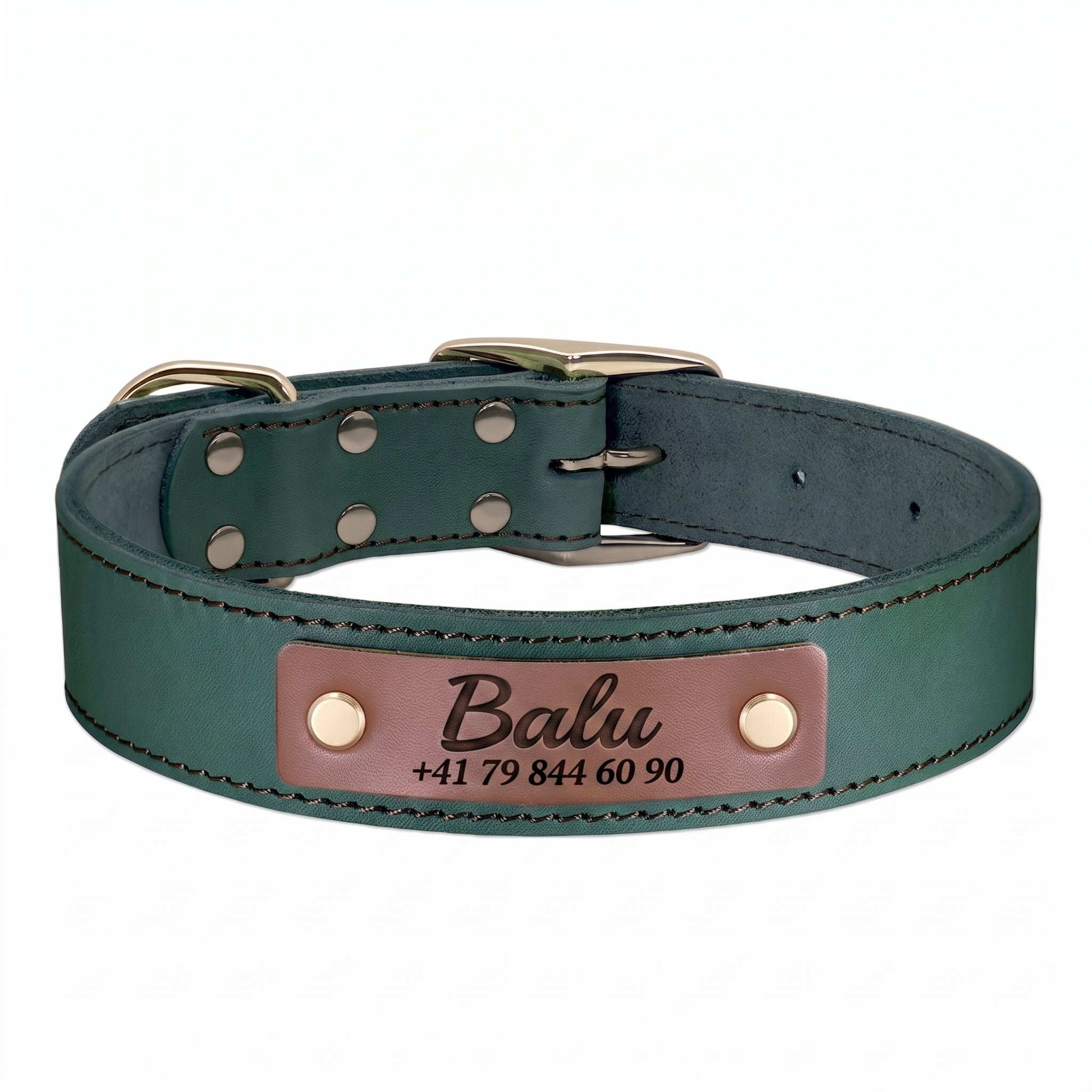 Hundehalsband personalisiert aus Leder mit Namens-Gravur und Telefonnummer in Grün – Customify