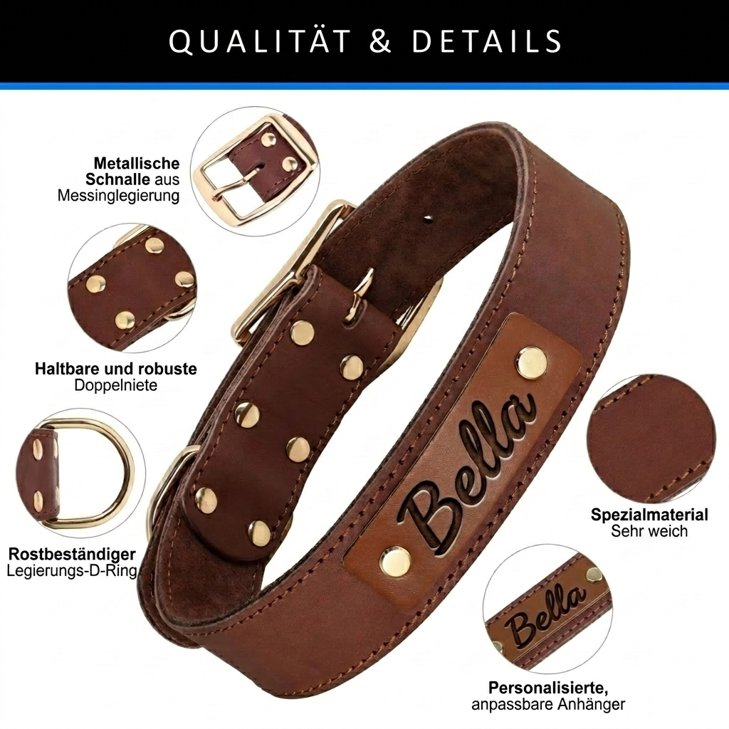 Personalisiertes Leder-Hundehalsband mit Messingschnalle, Doppelniete und Namens-Gravur im Detail