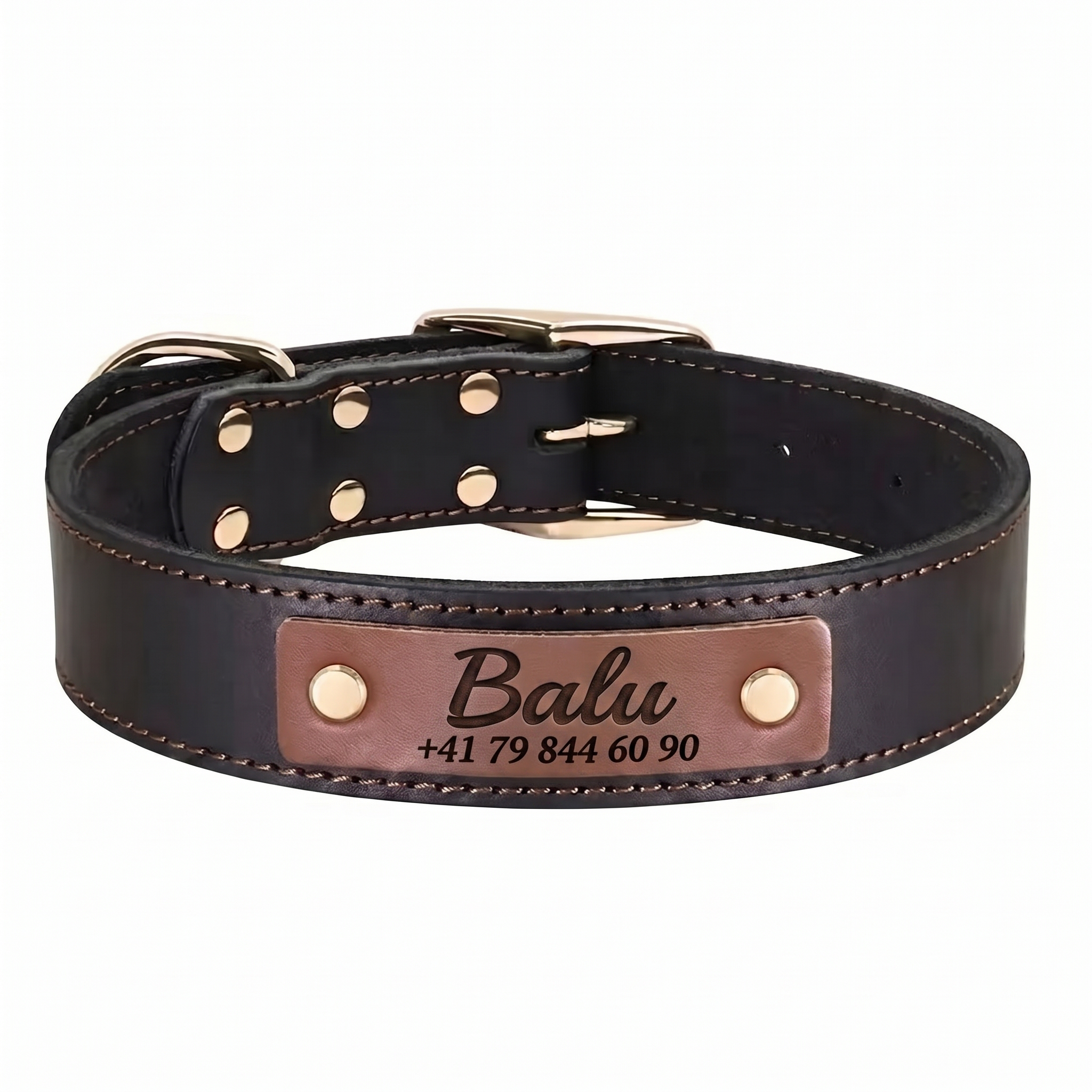 Personalisiertes Hundehalsband aus braunem Leder mit Namens-Gravur und Telefonnummer