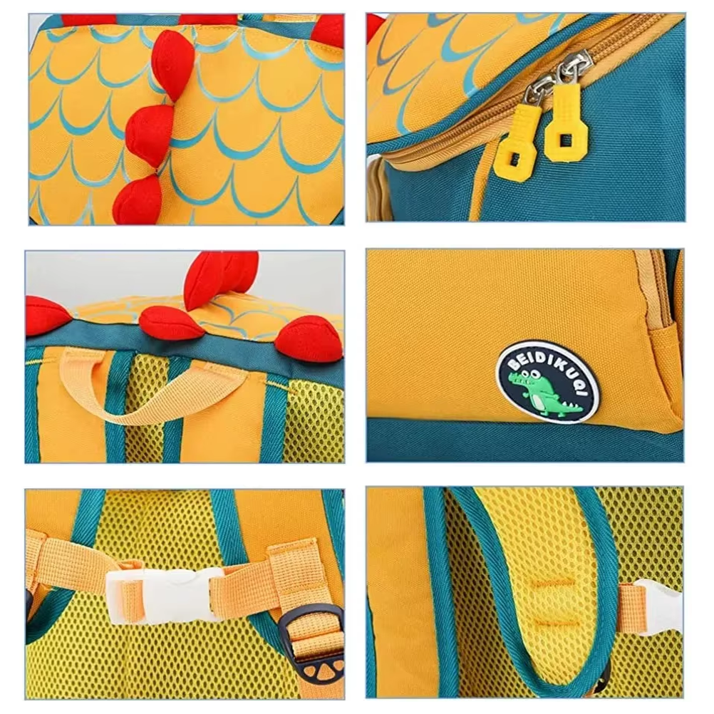 Kindergarten-Rucksack mit Dino-Design in Gelb und grün, Detailansicht von Reissverschluss, Tragegriffen, Rückenpolster und Material selber anpassen