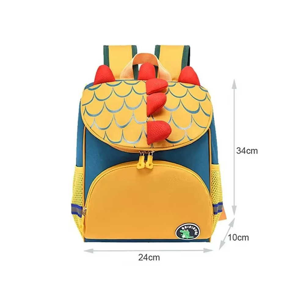 Kindergarten-Rucksack Masse, mit Name selber gestalten, gelber Dino-Rucksack für Kinder mit eigenem Namen online personalisieren