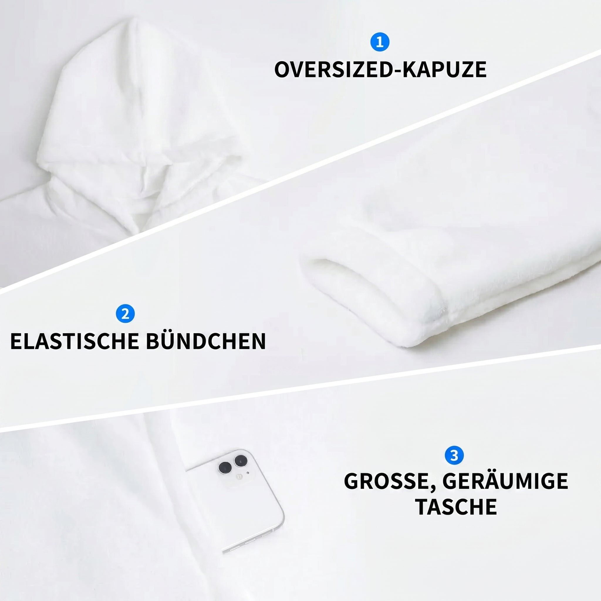 Eigenschaften Oversize Kuschelpullover-Hoodie XXL: Kapuze, elastische Buendchen, grosse Tasche