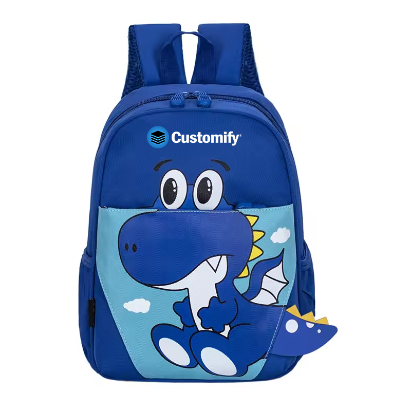 Personalisierbarer Kindergarten-Rucksack in Blau mit Dinosaurier-Motiv und optionalem Namen für Kindergarten und Ausflüge