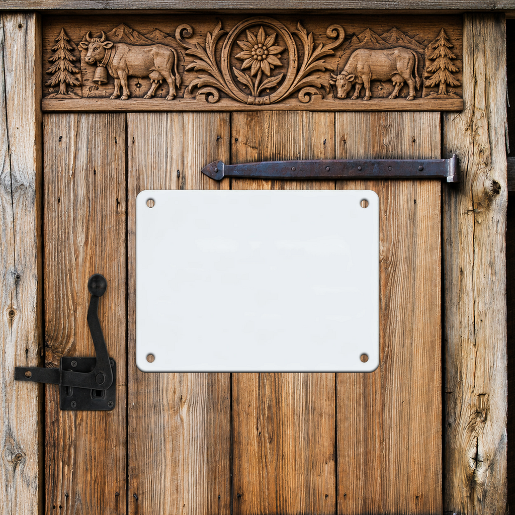 Personalisierte Blechtafel im Querformat mit Foto, Text oder Logo an rustikaler Holztür, weisses Metallschild zum selber Gestalten bei Customify